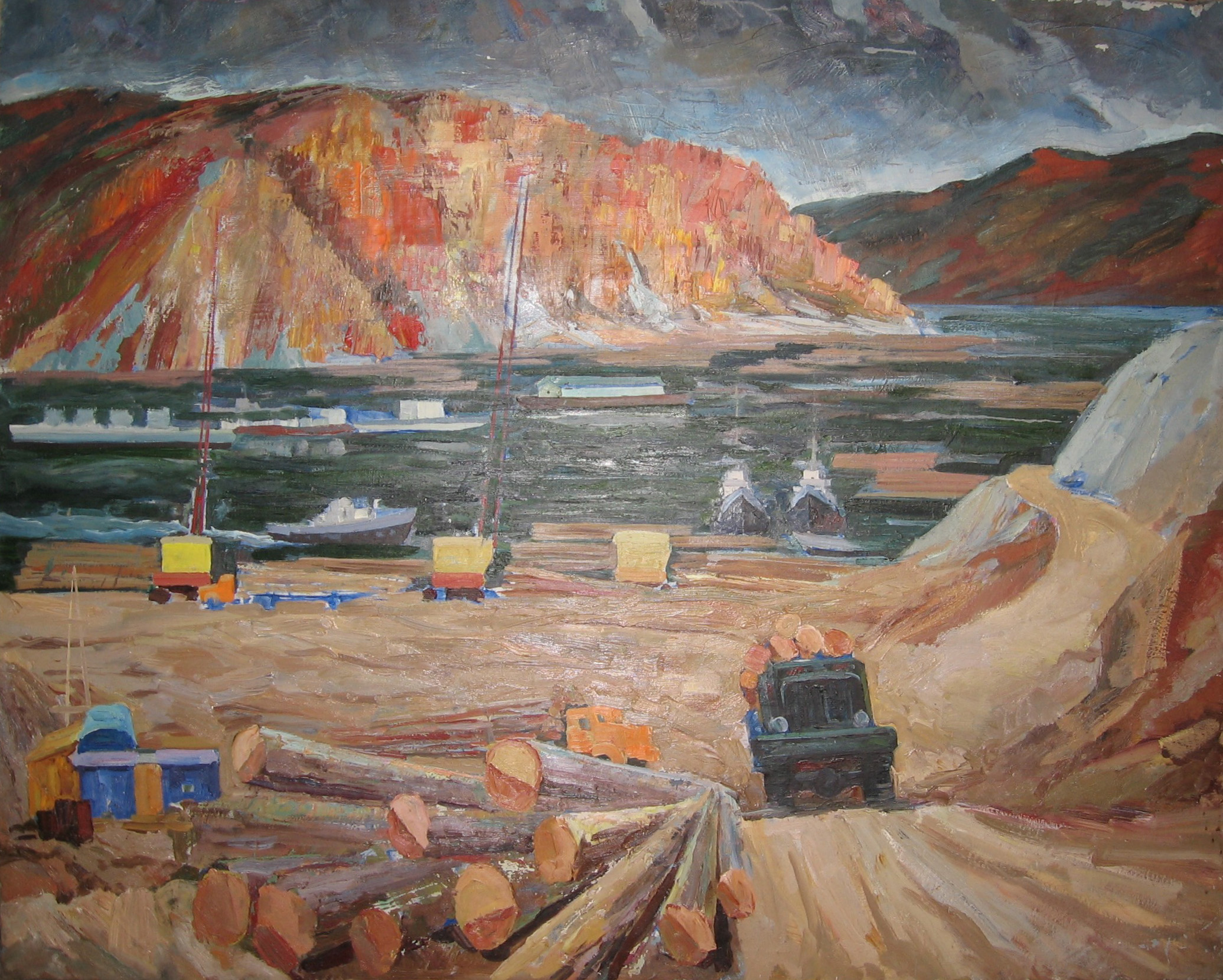 Перевозка леса на Зейском море. Малый Армаган. Набросок. Картон. Масло. 1981 г.